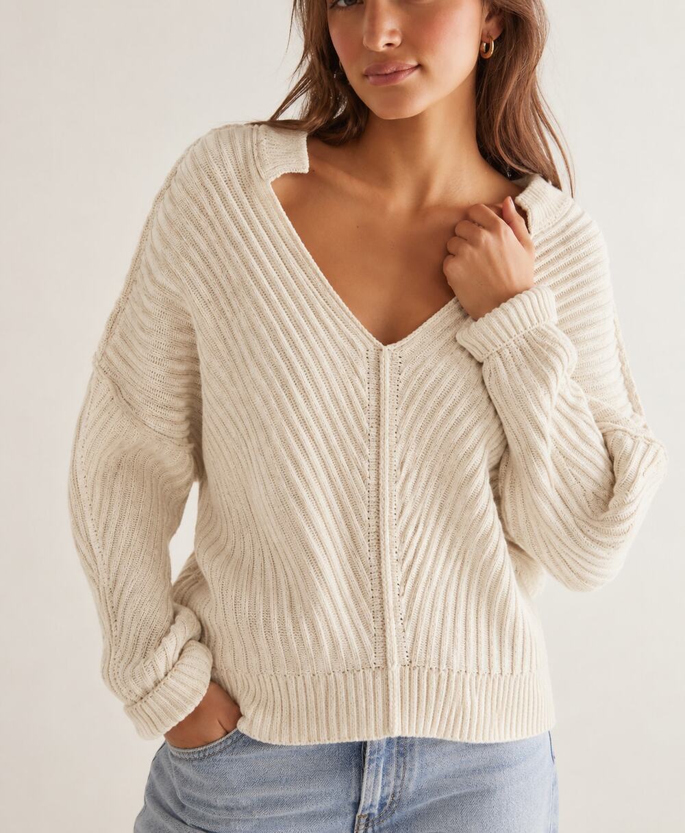 Free People We The Free Freeway V Neck Knit Sweater Beige Size Medium